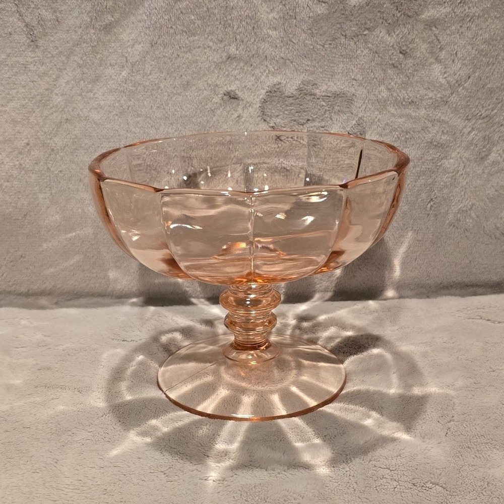 Vintage Pink Depression Glass Paneled Pedestal Compote Scalloped Candy Dish